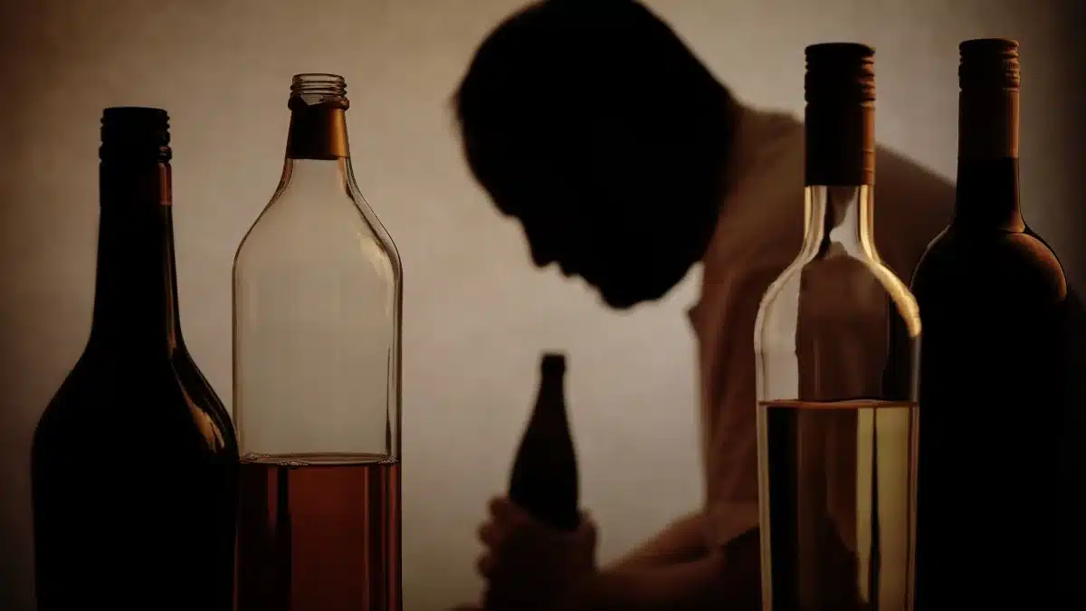 A silhouette of a person sitting with their head down, holding a bottle of alcohol, with several other bottles in the foreground, creating a somber and introspective atmosphere