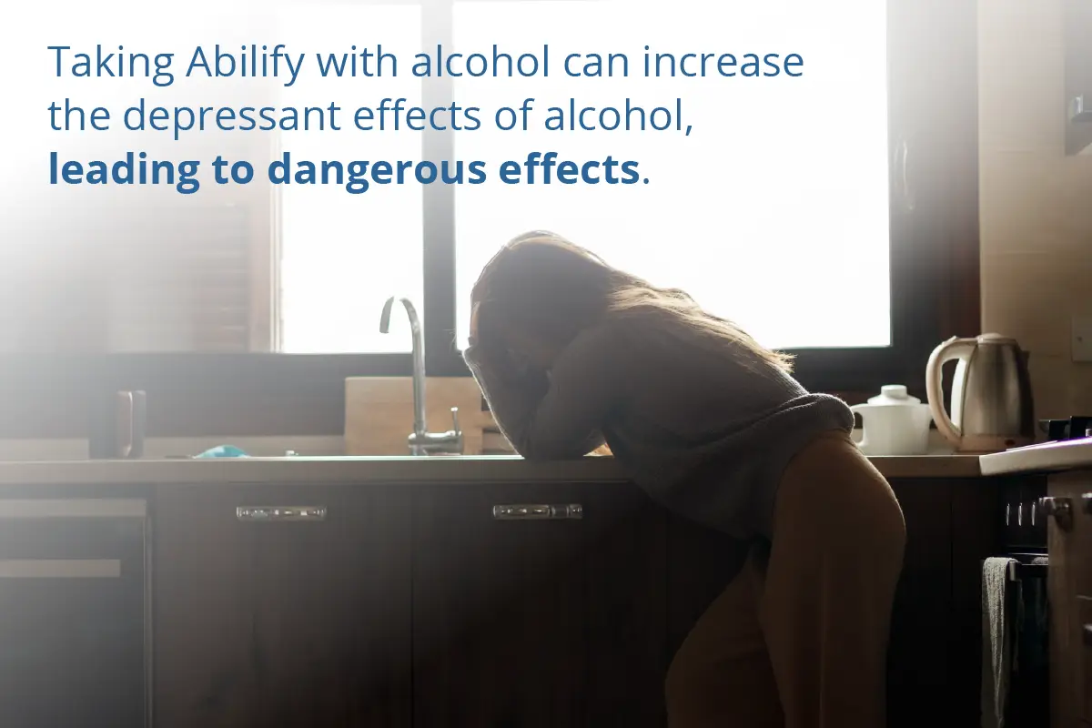 Saddened woman looking ut a window while a graphic explains the dangerous effects of abilify