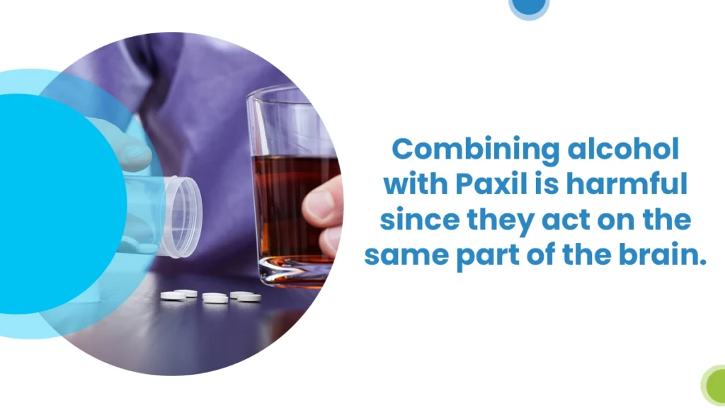 Combining alcohol with Paxil is harmful since they act on the same part of the brain. Together they slow brain function to dangerous levels.
