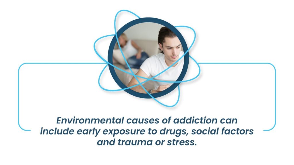 What causes drug addiction? Environmental causes of addiction can include early exposure to drugs, social factors, and trauma or stress.