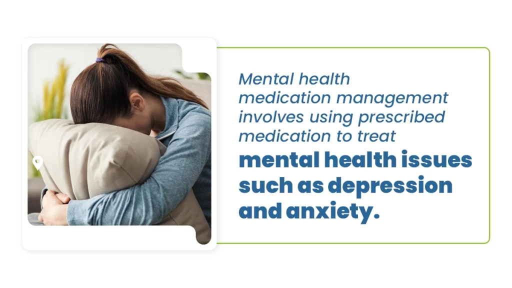 Mental health medication management involves using prescribed medication to treat mental health issues such as depression and anxiety.