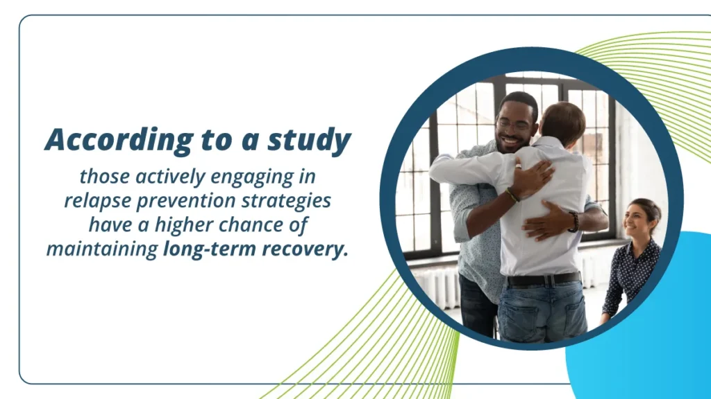 Two men hugging in a support group meeting. Those actively engaging in relapse prevention have a higher chance of long-term recover