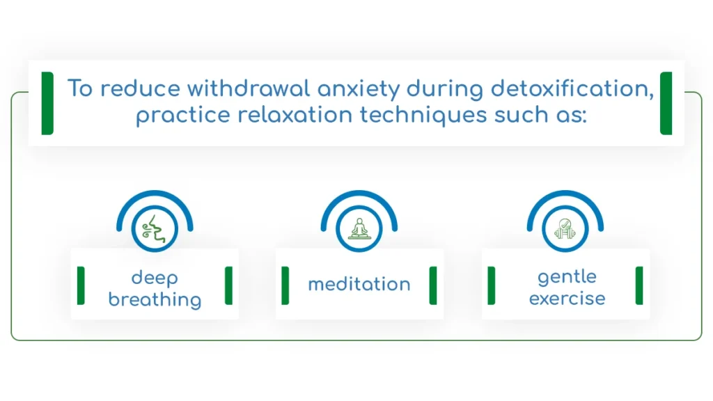 Graphic explains how to reduce withdrawal anxiety in three steps: deep breathing, meditation, and gentle exercise.