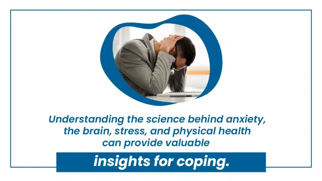 Man holding his head at his desk. Understanding the science behind anxiety can provide valuable insights for coping.
