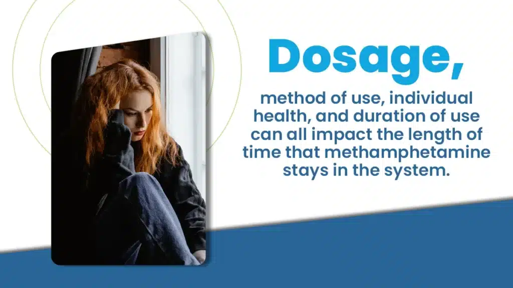 Woman sitting in a black hoodie with her knees up. Text explains factors impacting the length of time methamphetamine stays in the body.