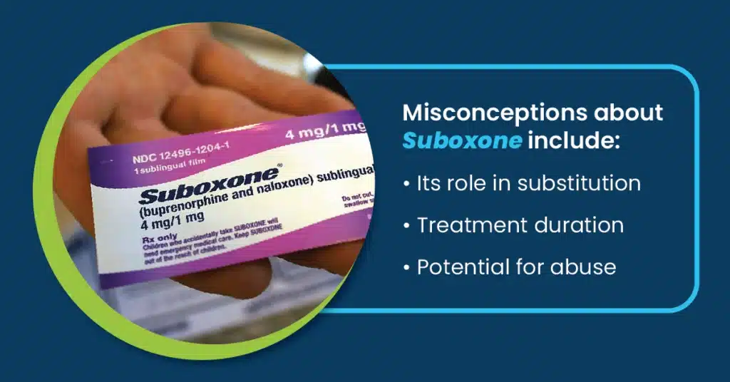 Hand holding a single dose of Suboxone in the packet. White text shares three misconceptions about Suboxone for opioid addiction.

