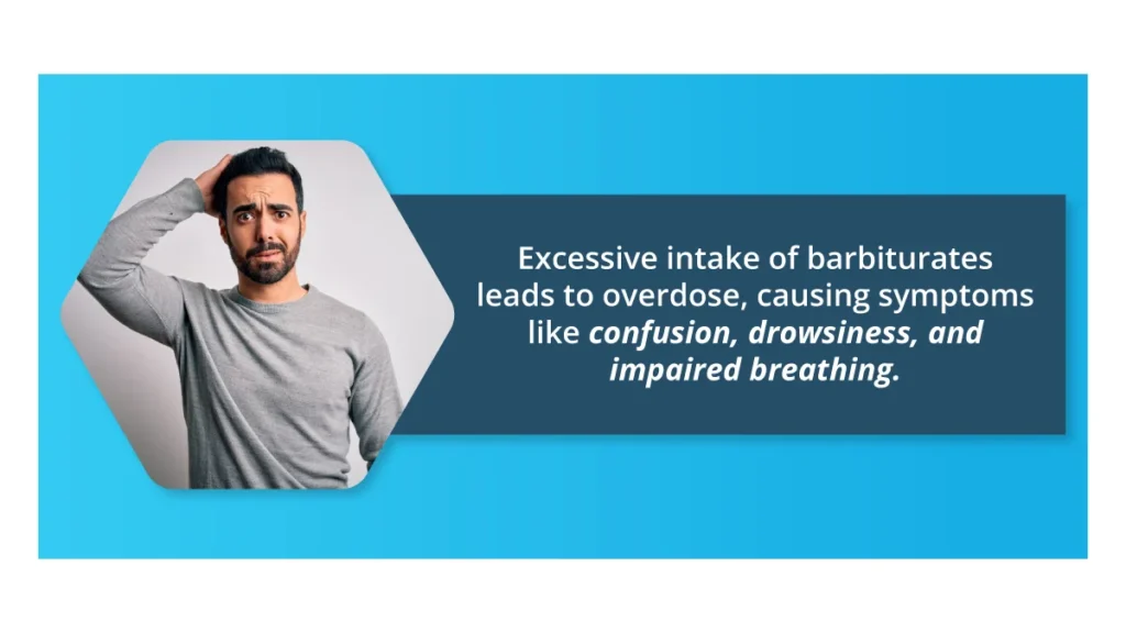 Man scratching his head and looking confused. Text: Barbiturate overdose causes symptoms like confusion and impaired breathing.