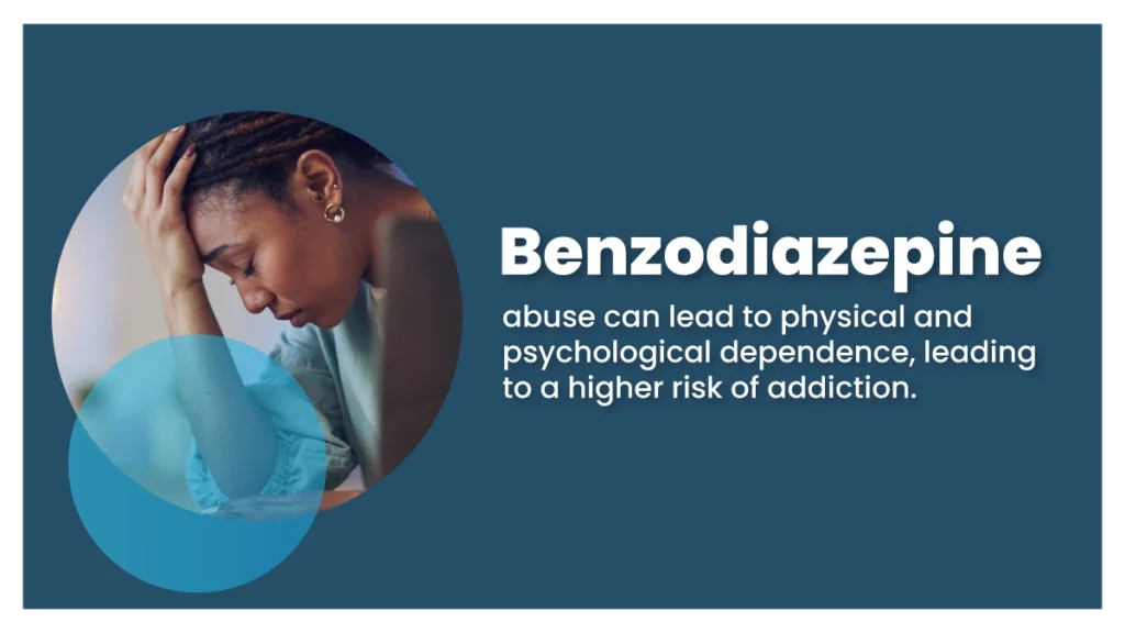 Woman looking down and holding her head in her hand. Benzodiazepine abuse can lead to physical and psychological dependence. 
