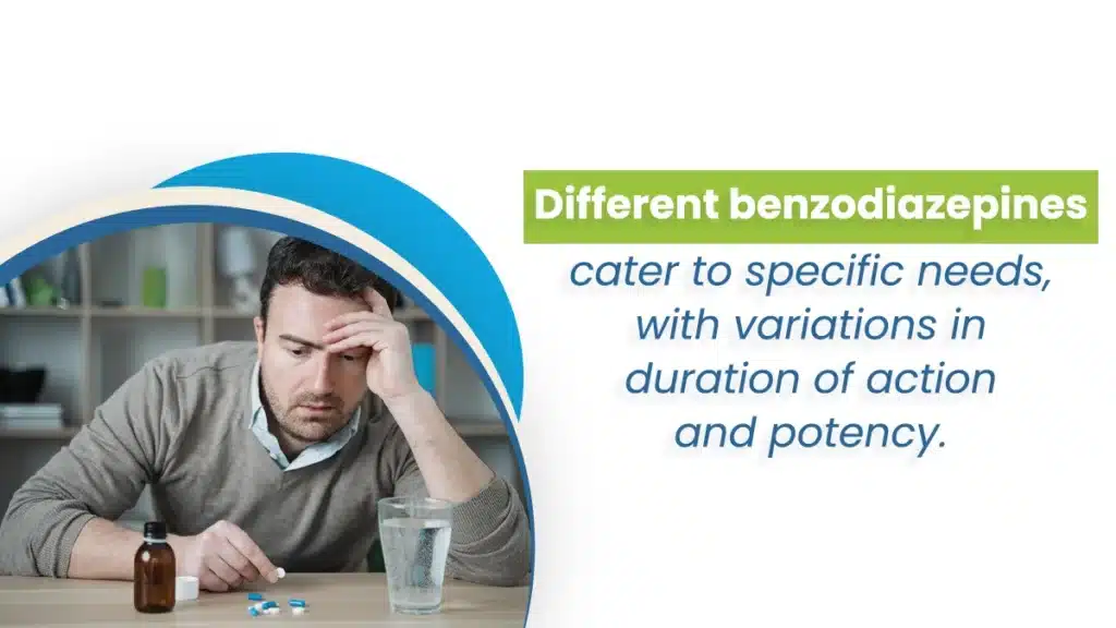 Man slumped over a table with his head in his hand. Pills and a glass of water are on the table. Different benzodiazepines have different uses.
