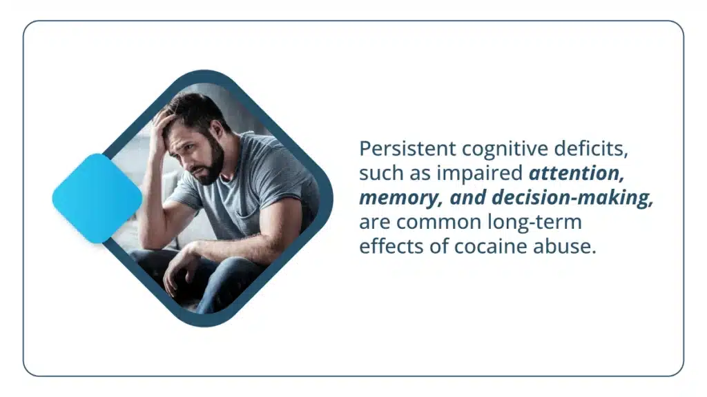 Man sitting and holding his head in his hand. Persistent cognitive deficits are common long-term effects of cocaine abuse.
