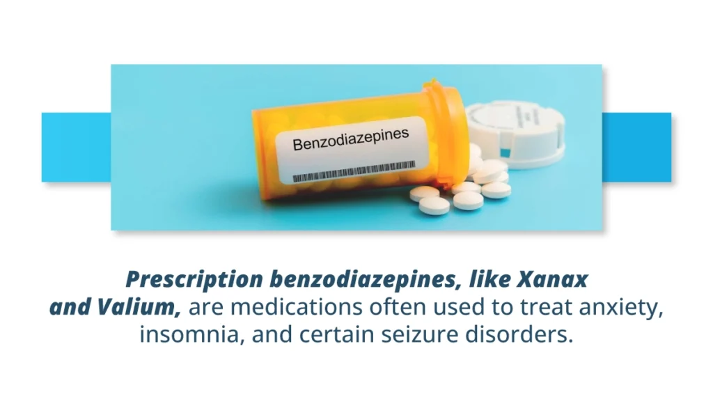 Prescription benzodiazepines, like Xanax and Valium, are medications often used to treat anxiety, insomnia, and certain seizure disorders.
