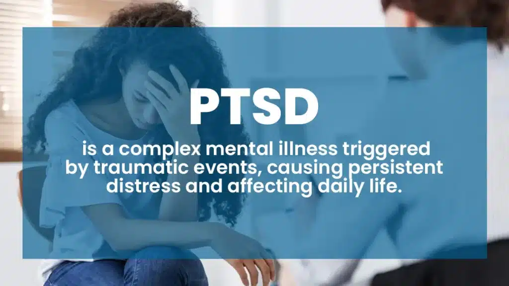Woman holding her head. PTSD is a complex mental illness triggered by traumatic events, causing persistent distress, affecting daily life.
