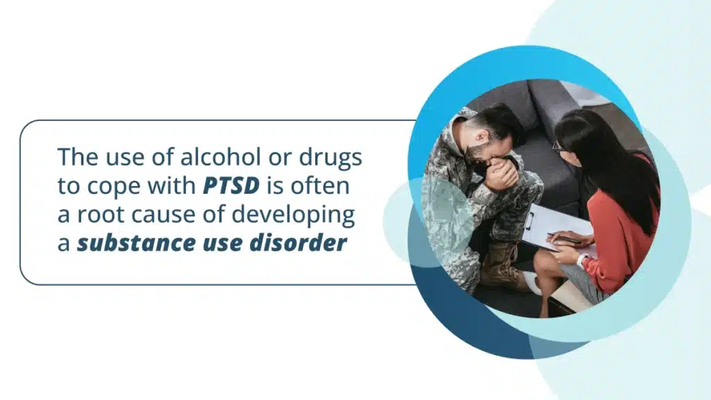 Text on a white background reads The use of alcohol or drugs to cope with PTSD is often a root cause of developing a substance use disorder. Next to the text, there is an image of a military veteran in uniform sitting on a couch, holding his head in his hands, while a therapist with a clipboard sits across from him.