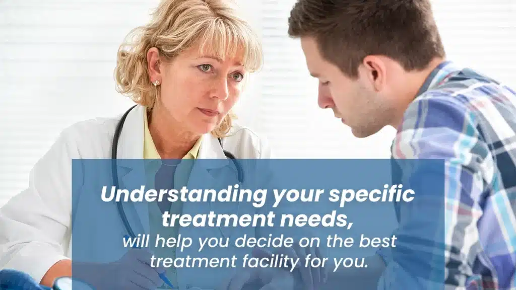 A promotional graphic featuring a doctor having a serious conversation with a patient, with text that reads, 'Understanding your specific treatment needs will help you decide on the best treatment facility for you.