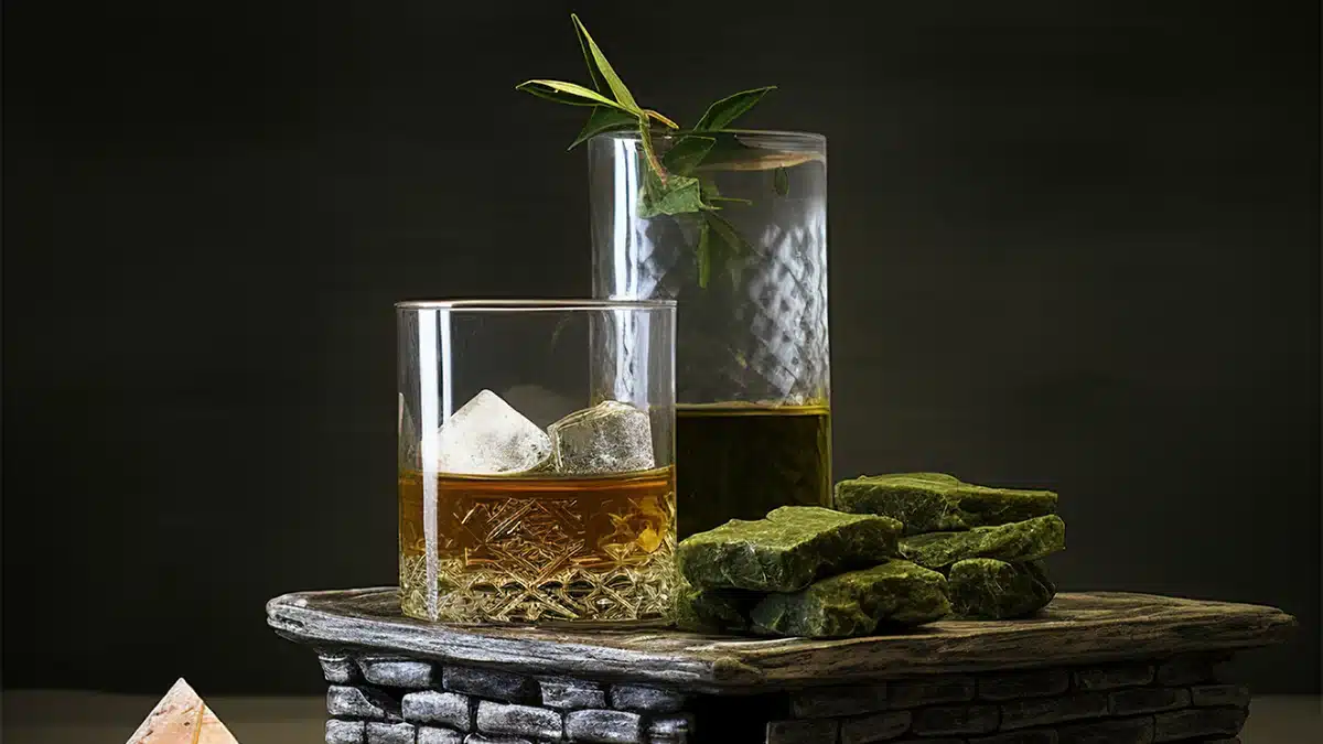 two glasses placed on a stone surface, each containing different liquids