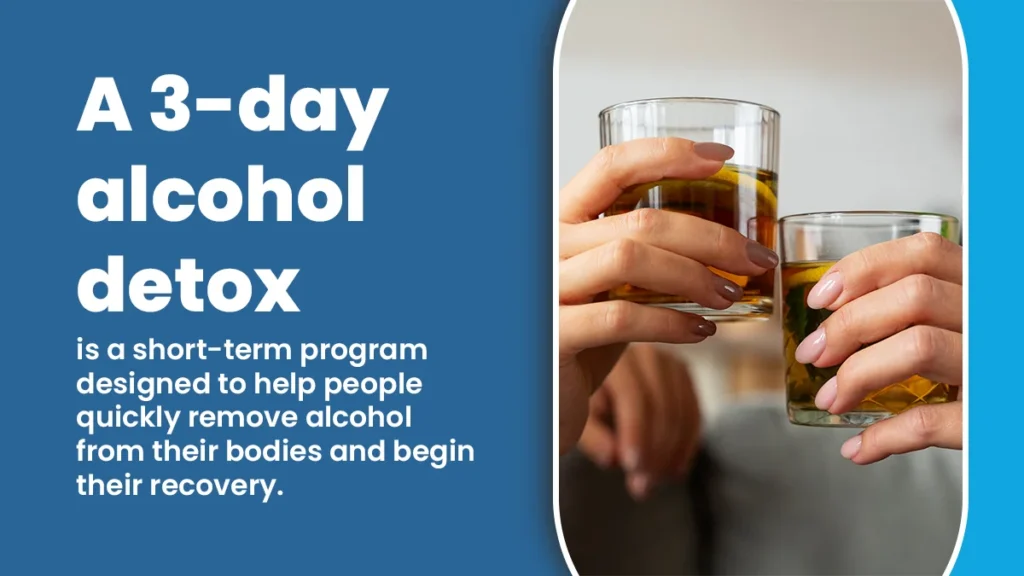 A 3 day alcohol detox is a short term program designed to help people quickly remove alcohol from their bodies and begin their recovery.