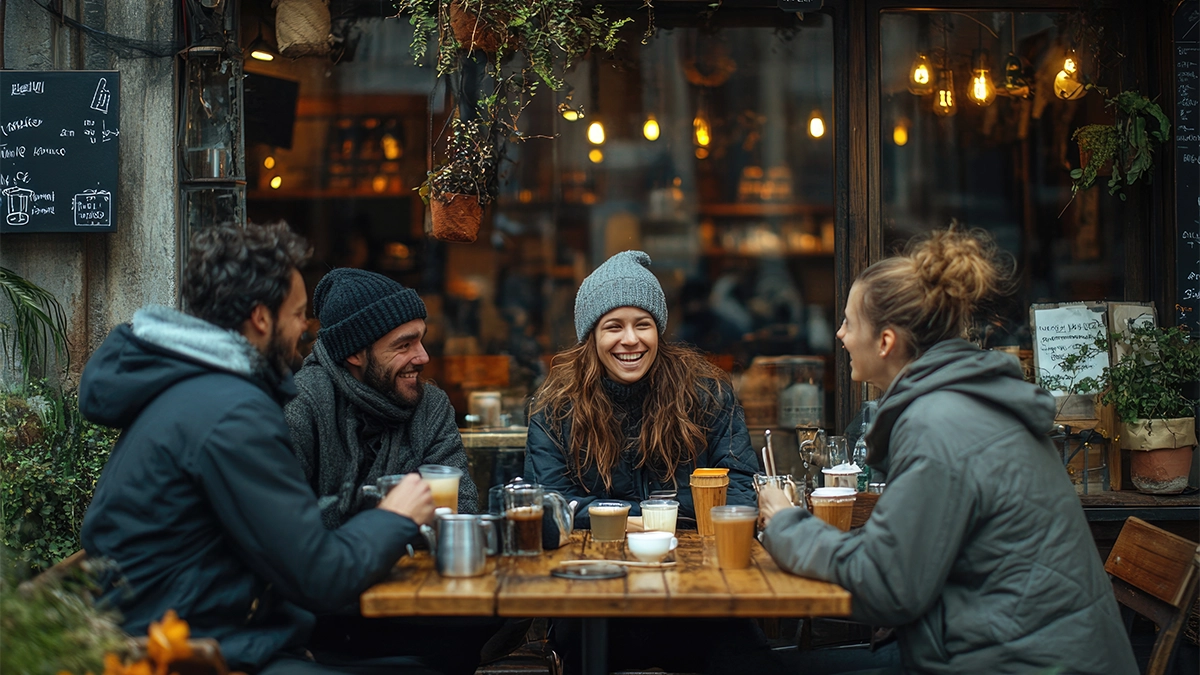 four friends sitting together at an outdoor café on a chilly day