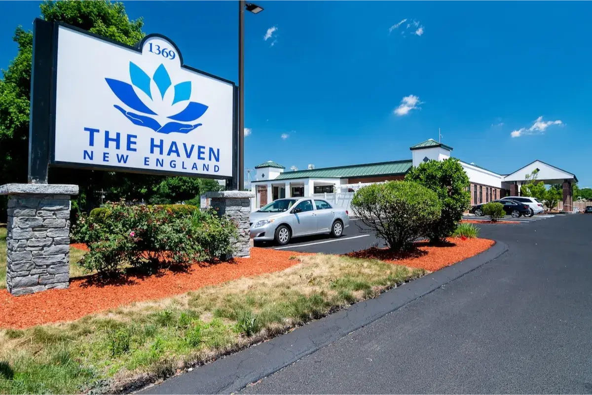 Front sign and entrance at The Haven Detox addiction treatment facility in Worcester, Massachusetts