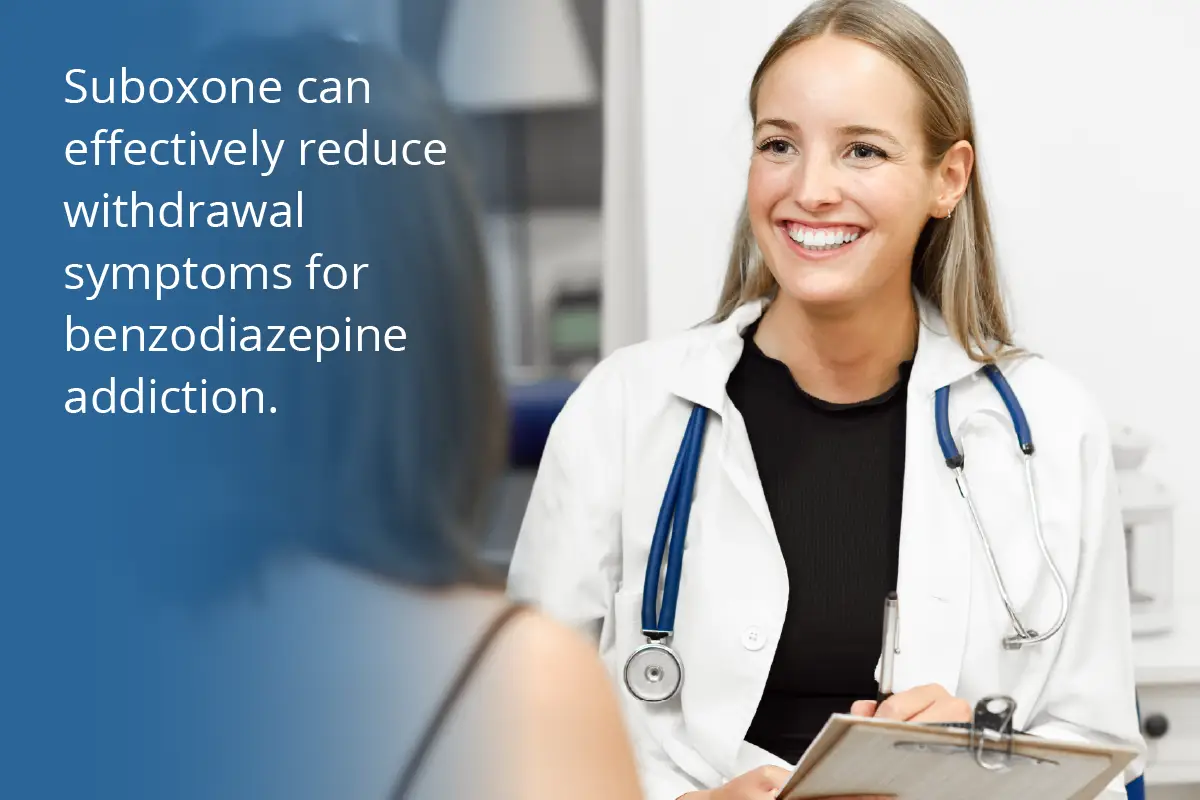 A smiling young female doctor with a stethoscope around her neck holds a clipboard while speaking with a patient, whose back is to the camera. Over a blue gradient on the left side of the image, white text reads: "Suboxone can effectively reduce withdrawal symptoms for benzodiazepine addiction."