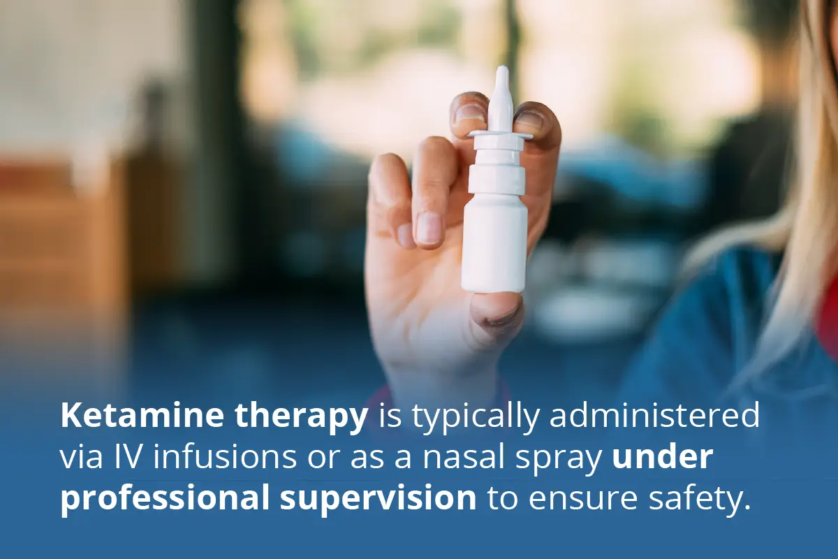 A bottle of ketamine being held in a hand for a graphic that discusses ketamine therapy