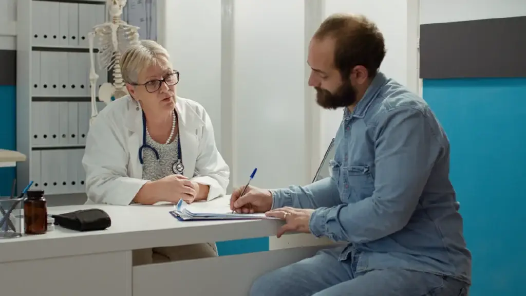 doctor talking to patient as the patient is writing