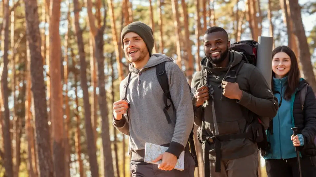 Three people hiking in the woods