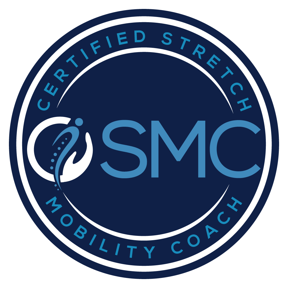 Dark blue circular badge with light blue and white text reading 'Certified Stretch Mobility Coach' with SMC logo in the center.