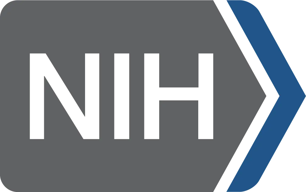NIH logo with white letters inside a gray hexagon and a blue arrow on the right.