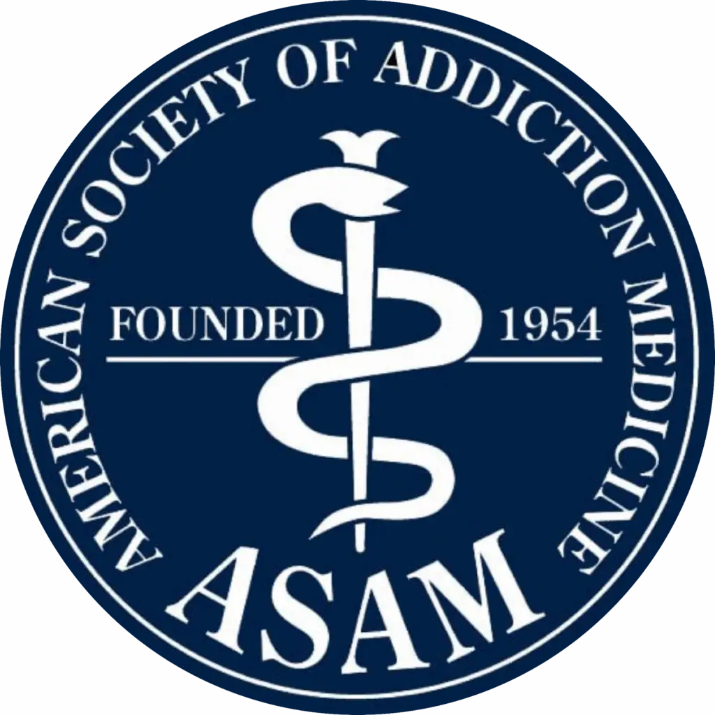 American Society of Addiction Medicine circular logo with medical caduceus, founded 1954 text, and ASAM acronym.