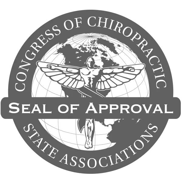 Congress of Chiropractic State Associations Seal of Approval with caduceus figure over a world globe.