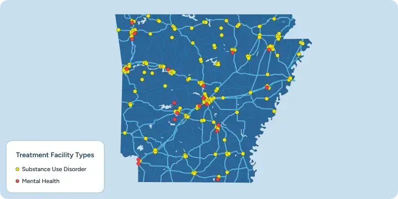 Map of Arkansas with markers showing treatment facility locations.