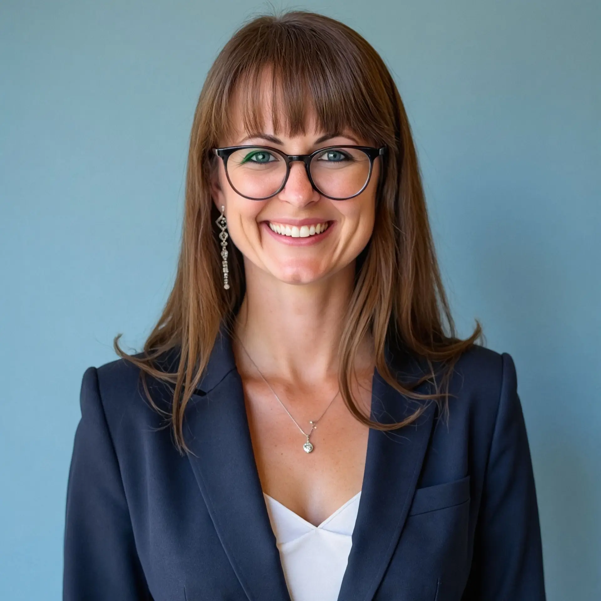 Headshot of C. Smith with long brown hair and glasses, wearing a suit jacket, smiling.