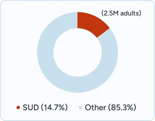 Donut chart from Florida showing SUD (14.7%) vs Other (85.3%), labeled “2.5M adults.”