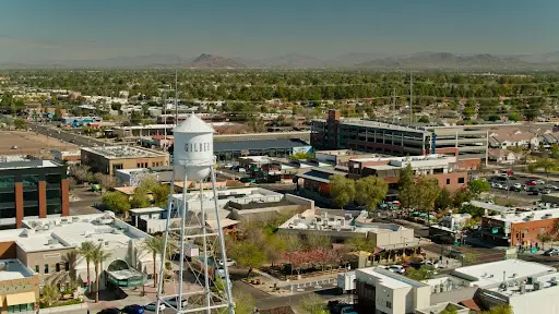 Gilbert, Arizona — aerial view of water tower and suburban neighborhoods.