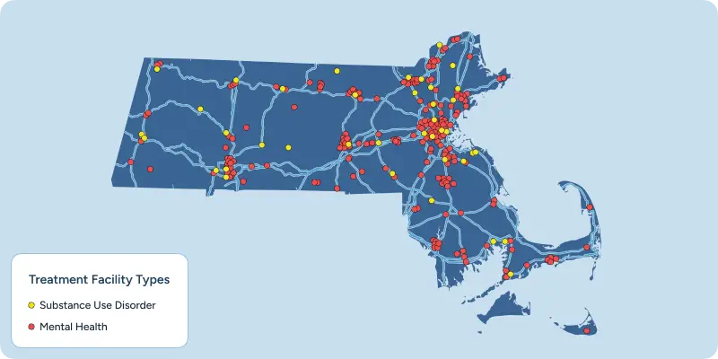A graphic of Massachusetts labeled for different treatment facilities for SUD and mental health