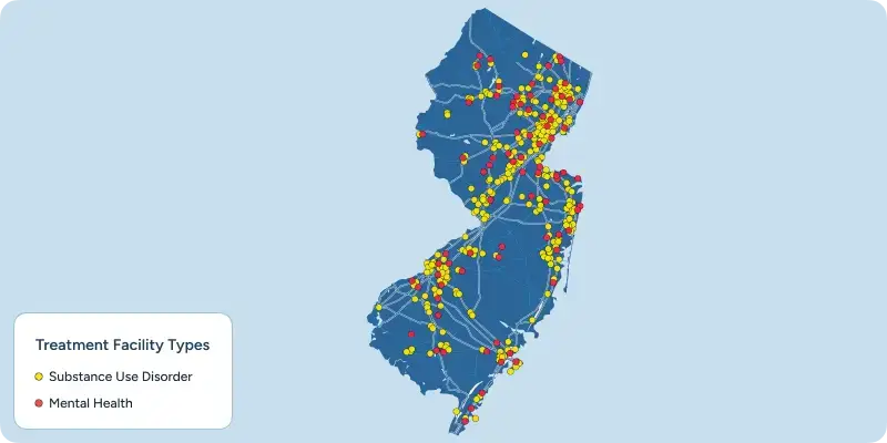 Map of New Jersey showing treatment facility locations marked with colored points.