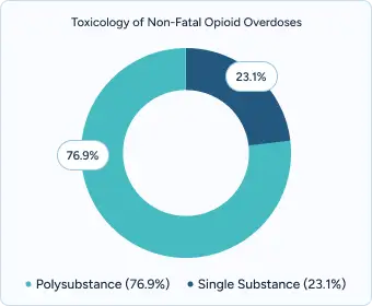 Gráfico de donuts titulado "Toxicología de las sobredosis no mortales de opiáceos" que muestra la polisustancia (76,9%) frente a la sustancia única (23,1%).