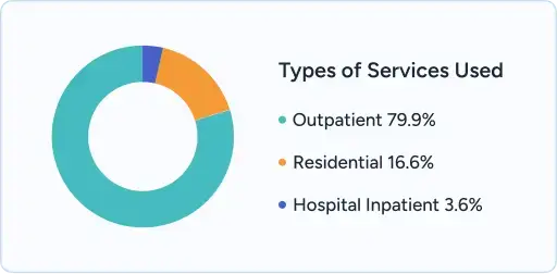 Donut chart from Puerto Rico titled “Types of Service” showing Outpatient (79.5%), Residential (16.6%), Hospital Inpatient (3.9%).