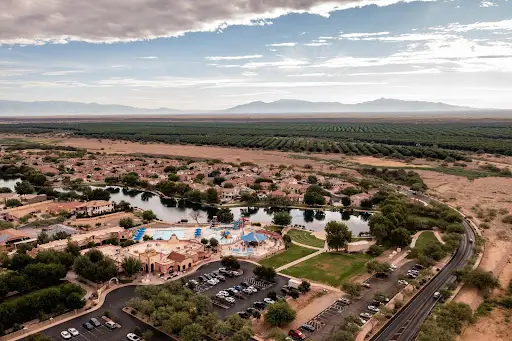 Sahuarita, Arizona — aerial view of suburban community with homes and desert landscape.