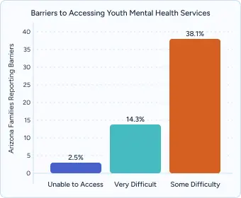 Gráfico de barras titulado "Barreras para acceder a los servicios de salud mental para jóvenes" que muestra Imposible acceder (2,5%), Muy difícil (14,3%), Alguna dificultad (28,5%).