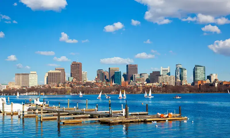 This image shows the Boston skyline as seen from the Charles River.
