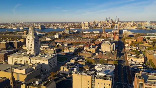 An aerial shot of buildings in Camden New Jersey