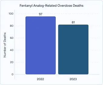 Gráfico de barras que muestra la disminución de las muertes por sobredosis relacionadas con análogos del fentanilo, de 97 en 2022 a 81 en 2023.