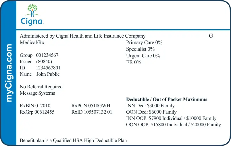 Sample Cigna Insurance Card