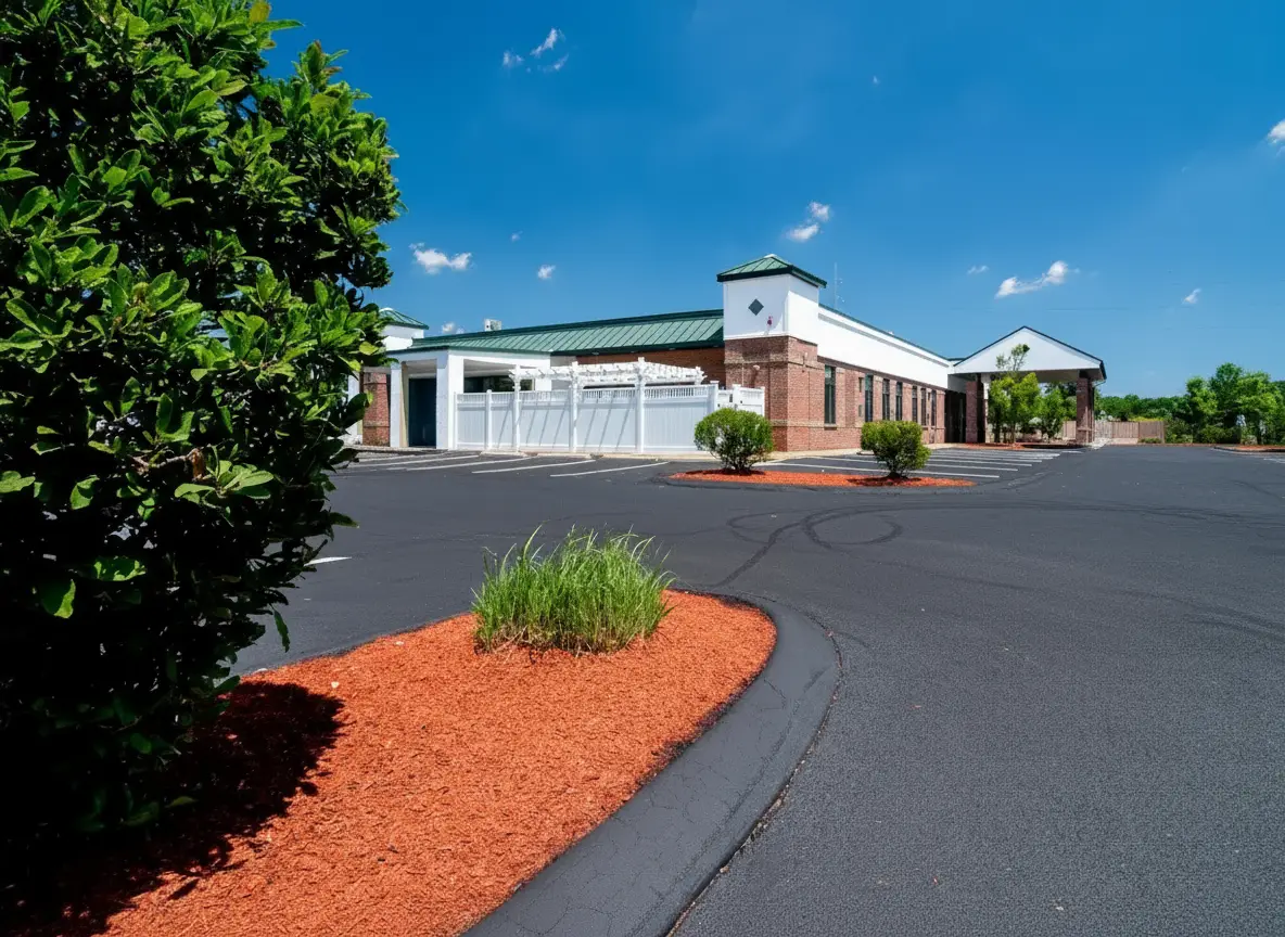 Exterior view of a modern single-story commercial building with a paved parking lot, landscaped mulch beds, and greenery under a clear blue sky.
