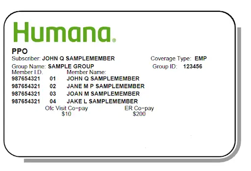 Humana PPO health insurance card showing subscriber and dependent names, member ID numbers, group ID, coverage type, and listed copays.