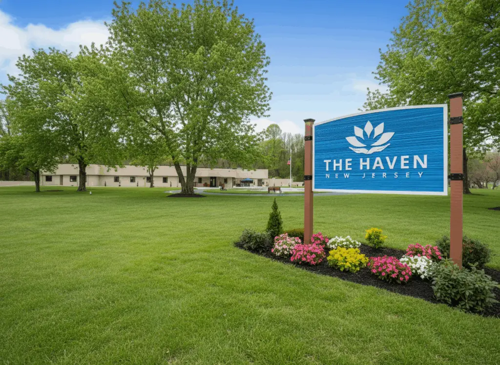 The Haven Detox New Jersey signage and detox building surrounded by vibrant green trees