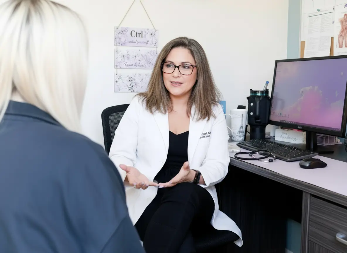A nurse speaking to her client with a computer right be her