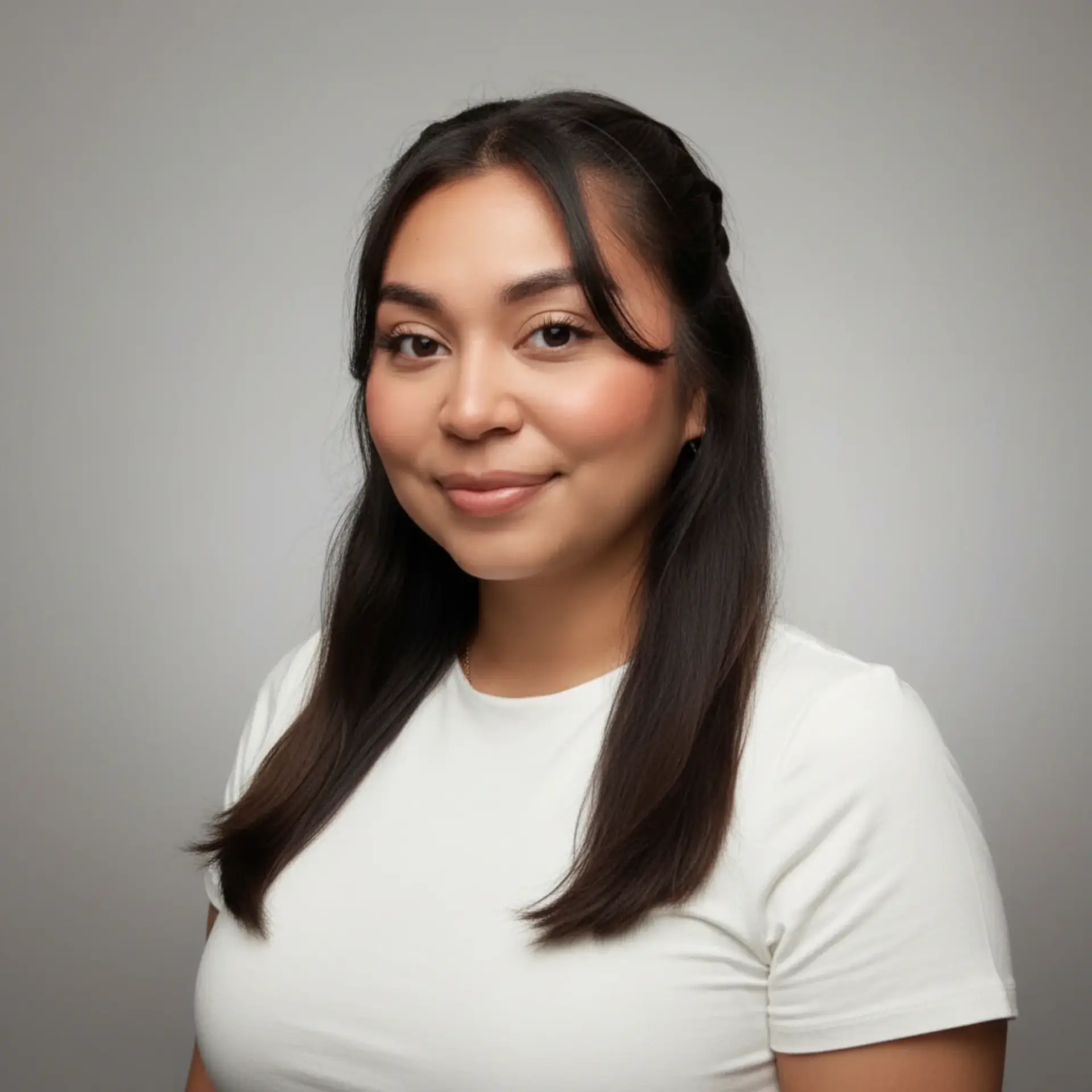 Fotografía profesional de una mujer con cabello largo y oscuro, vestida con una blusa blanca, sonriendo suavemente frente a un fondo gris neutro.