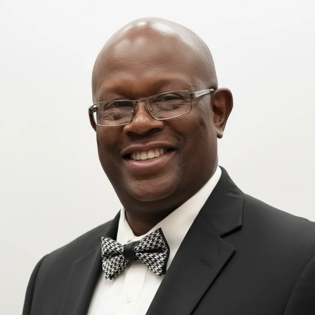 Professional headshot of a smiling man wearing glasses, a black suit, white dress shirt, and patterned bow tie against a white background.